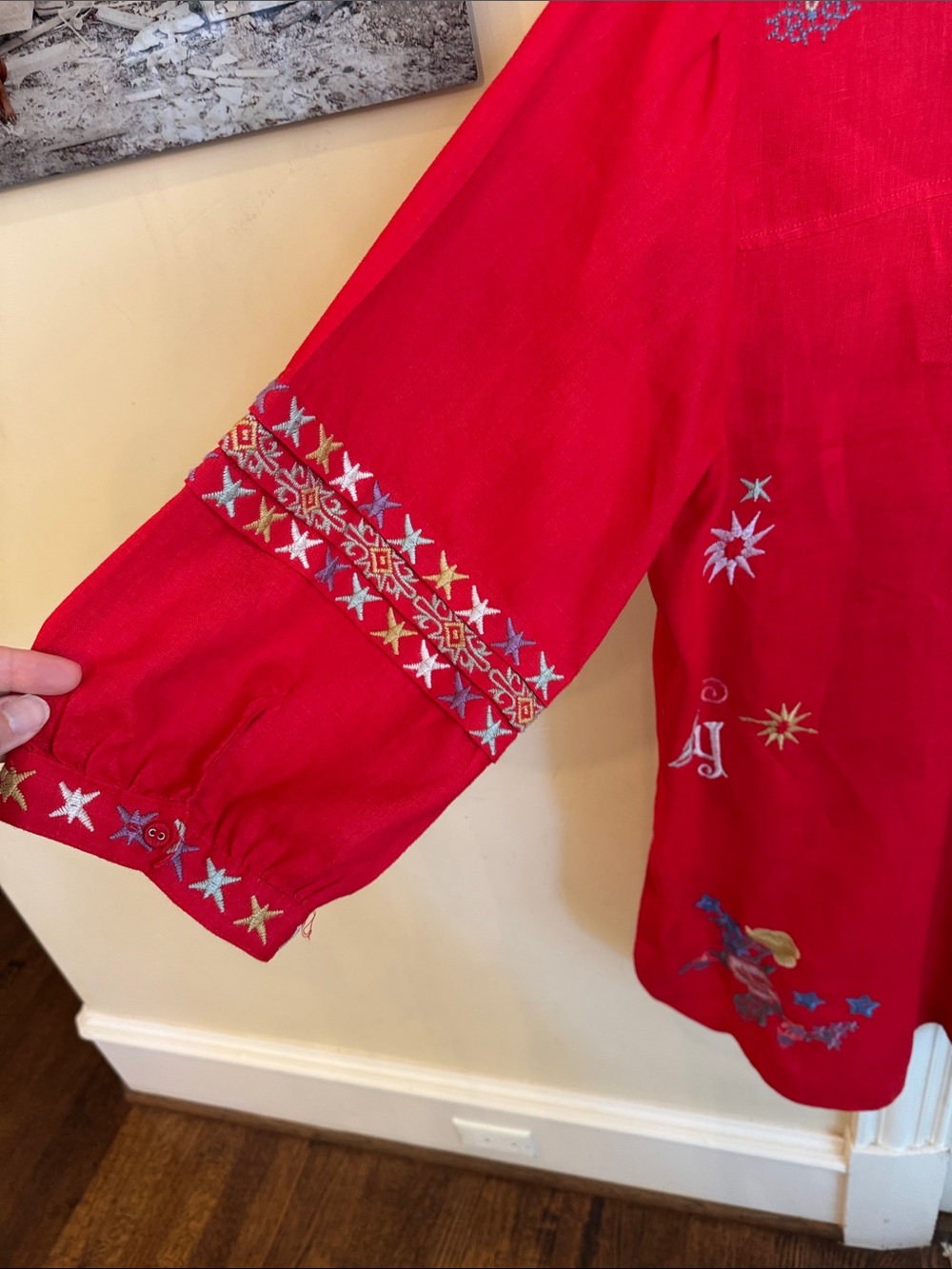 Johnny Was Red Embroidered V-Neck Tunic with Multicolor Motifs -L - Picture 5 of 6